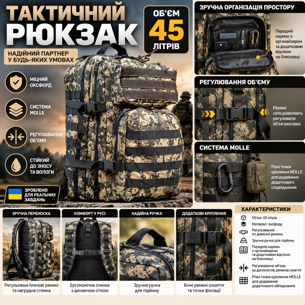 Тактичний рюкзак піксель 45 л молі водовідштовхувальна міцна тканина Одеса - фото 9