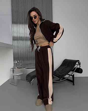 Жіночий теплий повсякденний костюм із лампасами, двобічний фліс Шоколад Одеса