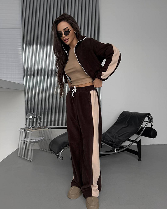 Жіночий теплий повсякденний костюм із лампасами, двобічний фліс Шоколад Одеса - фото 5