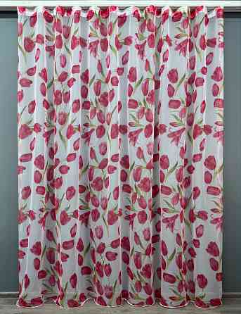 Тюль батист, колекція "Flora" колір білий з червоним квітковим принтом 1171т Київ