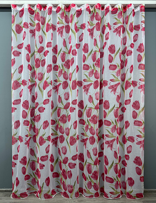 Тюль батист, колекція "Flora" колір білий з червоним квітковим принтом 1171т Київ - фото 2