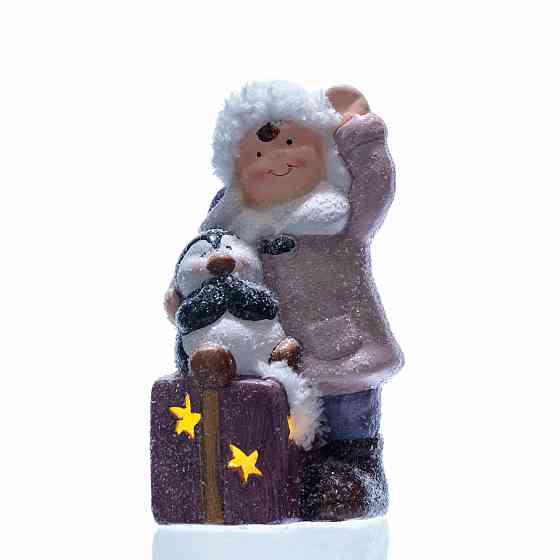 Новорічна фігурка з підсвіткою Дівчинка з пінгвіном із фарфору 9×10×19 (см) новорічний декор для дому, квартири на подарунок Київ