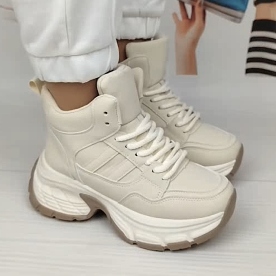 Жіночі зимові Бежеві Кросівки з МЕХОМ на Толстой Підошві Танкетке Ботинки Шкіряні Світлі (розміри: 36,37,38,39) - 8-4 Дніпро