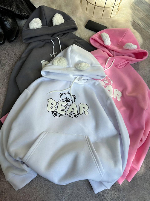 Жіноче тепле затишне оверсайз худі з вушками тринитка на флісі та хутро Молочний Одеса - фото 1