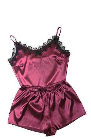 Піжама жіноча атласна з мереживом майка + шорти Бордовий 3XL-4XL Харків