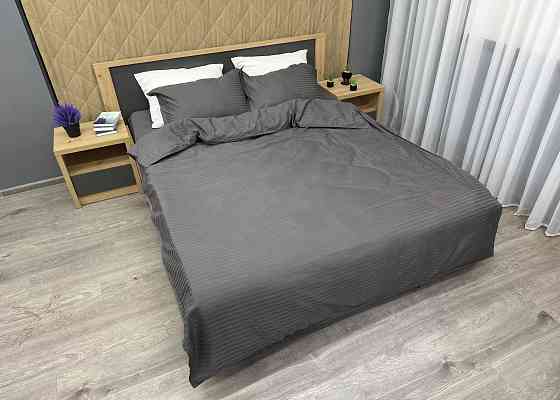Комплект постельного белья Страйп-сатин Двуспальный 180х220 с простыней на резинке Графитовый (88-096) Киев