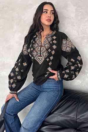 Жіноча сучасна вишиванка з об'ємним рукавом домотканий льон Чорний, 42 Одеса