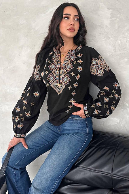 Женская современная вышиванка с объемным рукавом домотканый лен Черный, 42 Одесса - изображение 6