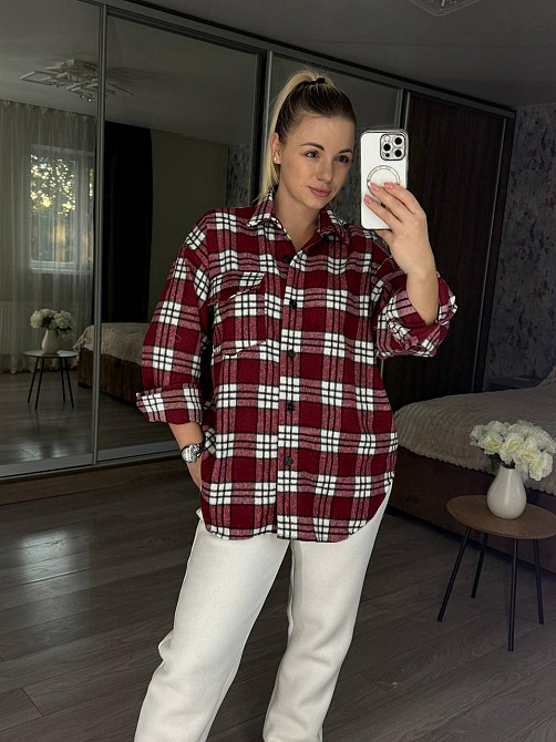 Жіноча тепла оверсайз сорочка в клітинку на ґудзиках кашемір Бордо Одеса - фото 7