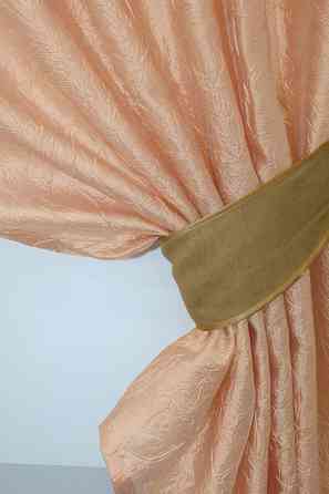 Кухонные шторы VR-Textil № 073к с ламбрекеном и подхватами персиковый с горчичным 270х170 см (52-0172) Киев