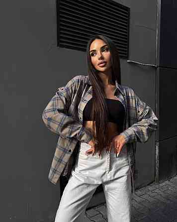 Жіноча повсякденна сорочка в клітинку турецька фланель беж-блакитний Одеса