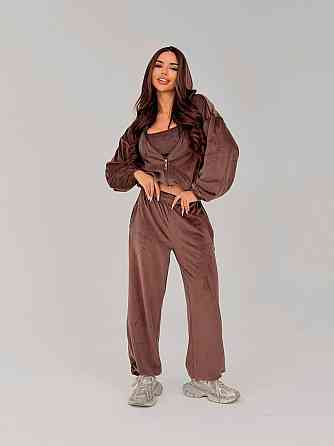 Жіночий стильний повсякденний велюровий костюм-трійка Шоколад, 42/44 Одеса