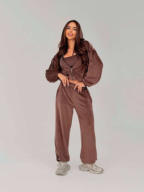 Жіночий стильний повсякденний велюровий костюм-трійка Шоколад, 42/44 Одеса - фото 5