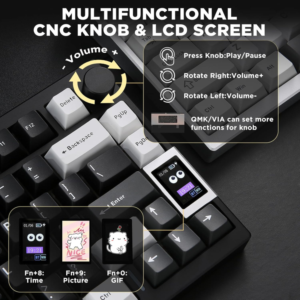 Алюминиевая механическая клавиатура YUNZII AL80 Black: ЖК-дисплей, Gasket Mount, BT/2.4G/USB-C, QMK/VIA, Cocoa Cream v2 Киев - изображение 8