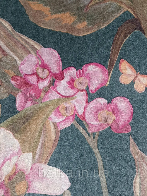 Шпалери вінілові Decoprint Breeze листя метелики квіти орхідеї лілії рожеві коричневі на зеленому 0.53х10 м Київ - фото 4