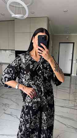 Жіночий легкий принтований костюм-трійка: хустка, сорочка та штани софт Чорний Одеса