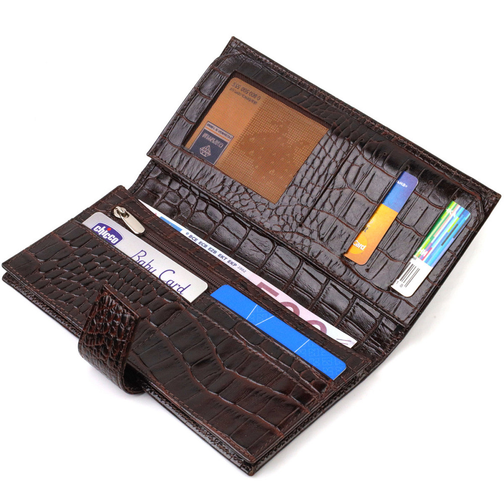 Містке вертикальне чоловіче портмоне з натуральної фактурної шкіри з тисненням під крокодила CANPELLINI 21720 Коричневе Київ - фото 6
