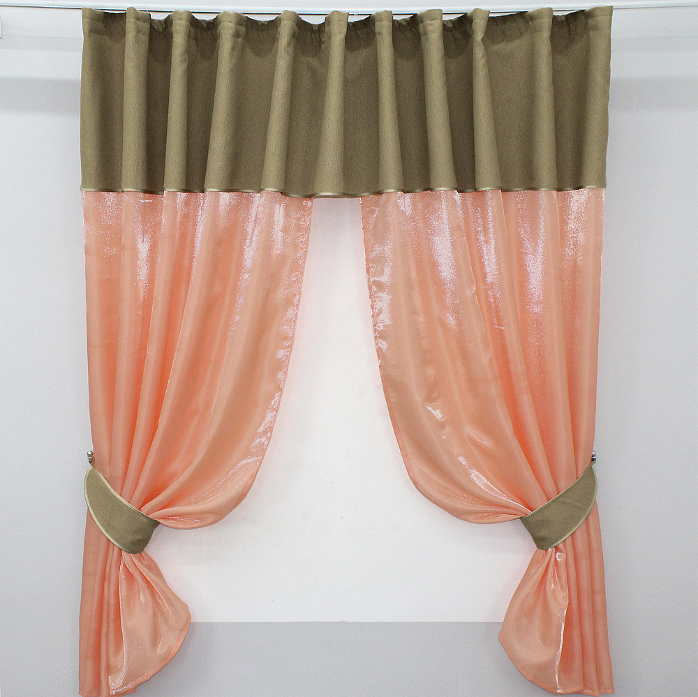 Кухонные шторы VR-Textil № 073к с ламбрекеном и подхватами персиковый с темно-бежевым 270х170 см (52-0214) Киев - изображение 1