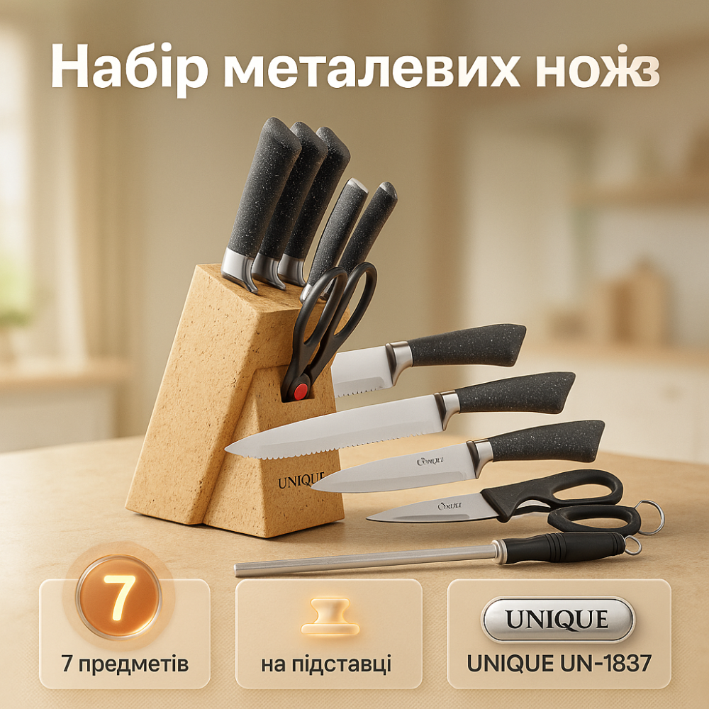 Кухонный нож из нержавеющей стали металлический UNIQUE, Набор литых кухонных ножей HD-37 Львов - изображение 7