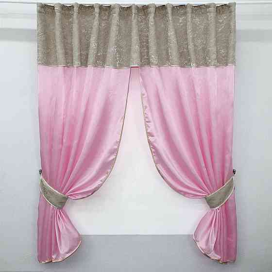 Кухонные шторы VR-Textil № 073к с ламбрекеном и подхватами розовый со светло-бежевым 270х170 см (52-0294) Киев