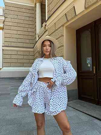 Жіночий принтований костюм-двійка: сорочка та шорти з натурального мусліну Білий 2, 48/50 Одеса