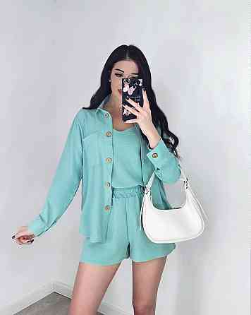 Жіночий легкий костюм-трійка: сорочка, майка та шорти креп жатка Оливка, 44/46 Одеса