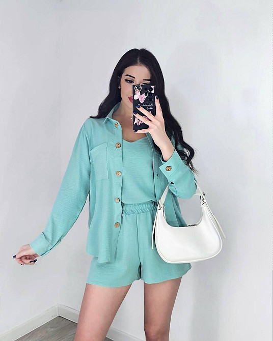 Жіночий легкий костюм-трійка: сорочка, майка та шорти креп жатка Оливка, 44/46 Одеса - фото 3