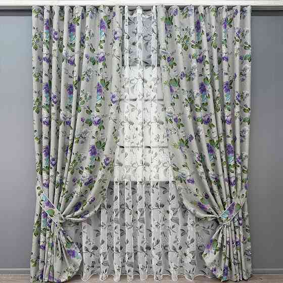 Комплект штор VR-Textil Лен Прованс 150х270 2шт и Тюль 500х270 2084ш-1681т Светло-серый с фиолетовым и белым 71-208/4 Киев