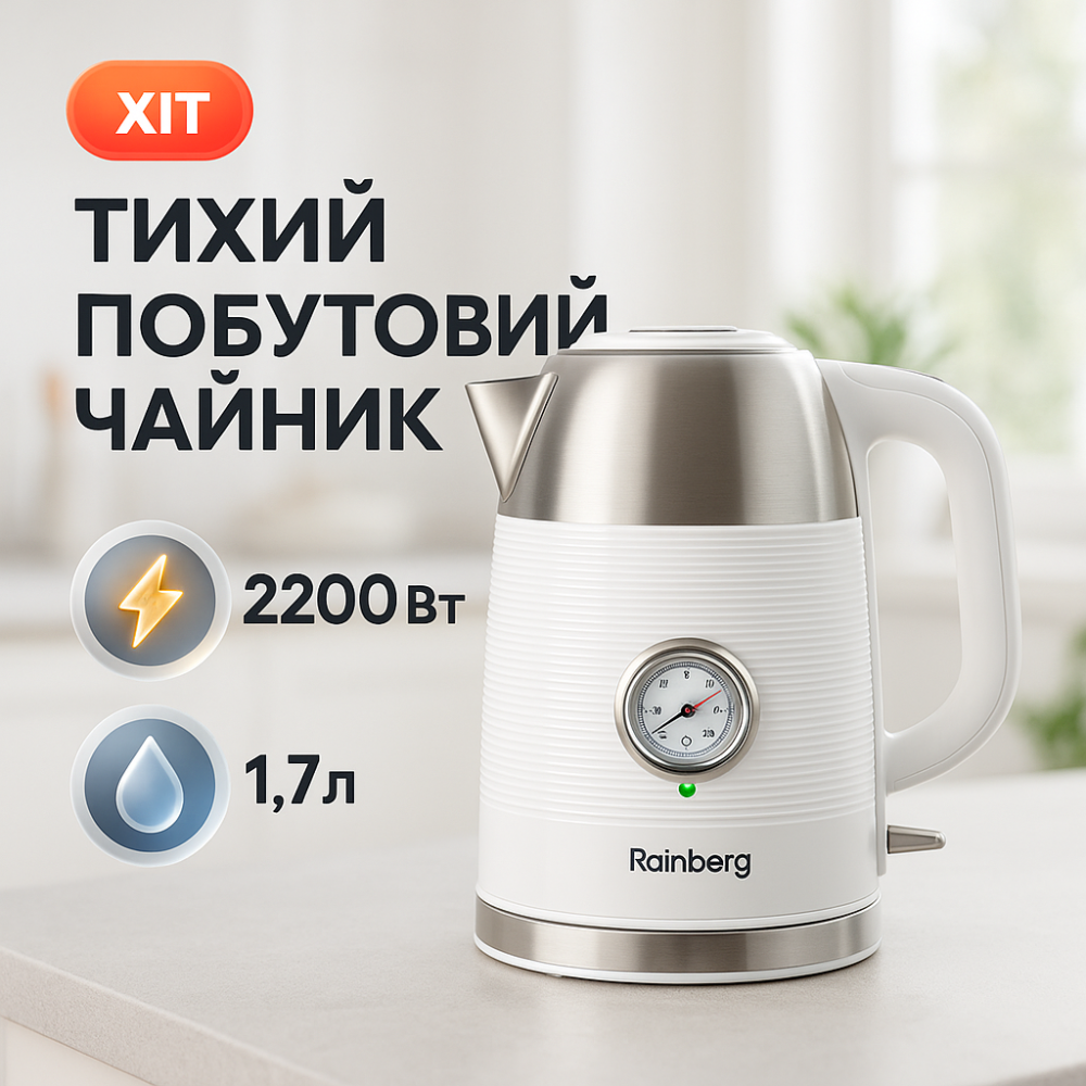 Чайник электрический с датчиком температуры Rainberg RB-2314 2200Вт 1.7л White LU-65 Львов - изображение 20