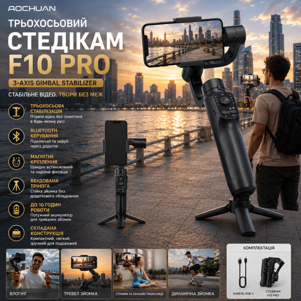 Трьохосьовий стабілізатор для телефона F10 Pro 3-Axis Gimbal стедікам з Bluetooth триногою та магнітним кріпленням чорний Київ - фото 11