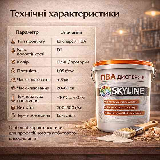 Клеєва дисперсія ПВА пластифікована SkyLine 3 кг універсальна, готова до застосування для дерева та будівельних сумішей Харків