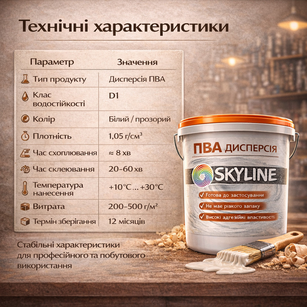 Клеєва дисперсія ПВА пластифікована SkyLine 3 кг універсальна, готова до застосування для дерева та будівельних сумішей Харків - фото 5