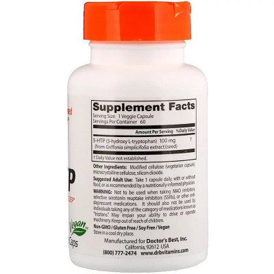 Амінокислота Doctor&apos;s Best 5-HTP (гідроксітріптофан), 100мг, 60 капсул (DRB-00077) Вінниця - фото 2