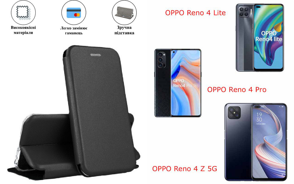 Чохол-книжка з силіконом для OPPO Reno 4 Z 5G, чорний Київ - фото 1