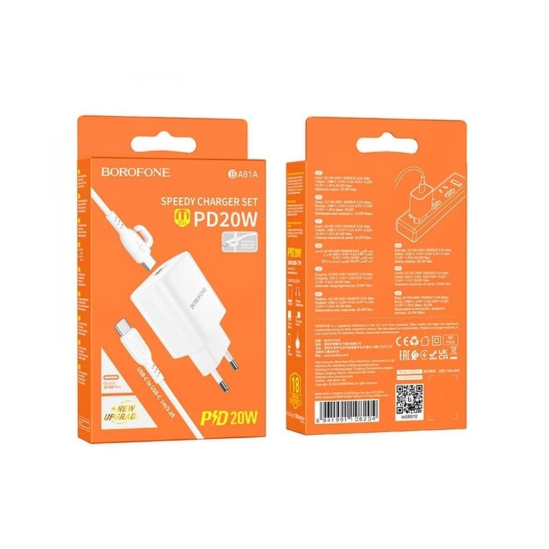 Мережевий зарядний пристрій з кабелем BOROFONE BA81A single port PD20W charger set (Type-C to Type-C) (EU) Одеса - фото 2