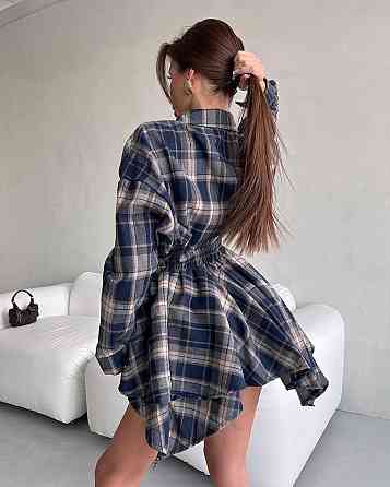 Жіночий стильний костюм оверсайз: сорочка та спідниця в клітинку турецька фланель Синій Одеса