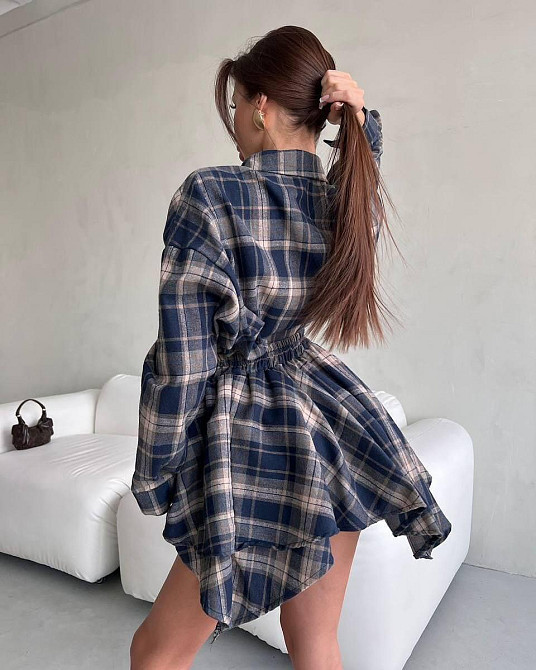 Женский стильный оверсайз костюм двойка: рубашка и юбка в клетку турецкая фланель Синий Одесса - изображение 2