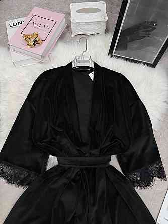 Женский домашний халат на запах велюр с кружевом Черный, 48/52 Одесса