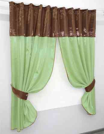 Кухонные шторы VR-Textil № 073к с ламбрекеном и подхватами светло-оливковый с коричневым 270х170 см (52-0353) Киев