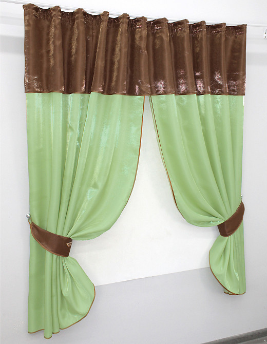 Кухонные шторы VR-Textil № 073к с ламбрекеном и подхватами светло-оливковый с коричневым 270х170 см (52-0353) Киев - изображение 2