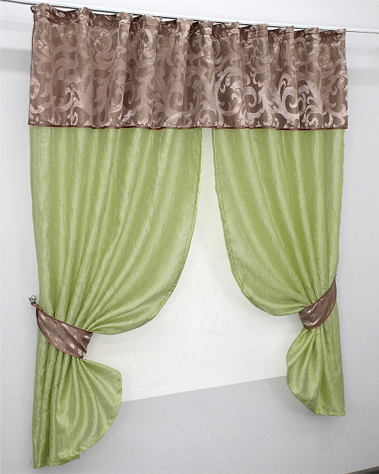 Кухонные шторы VR-Textil № 073к с ламбрекеном и подхватами салатовый с пудровым 270х170 см (52-0100) Киев - изображение 2