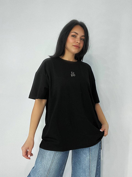 Футболка женская A-N 2006 базовая широкая оверсайз медвежонок камни one size, черный, one size Киев - изображение 3