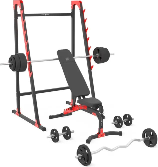 Тренажер Marbo Спорт Zestaw Mh24_156kg_Kier_G Лавка Regulowana + Stojaki Wielopoziomowe Gryfów I Obciążeń Gumowanych Київ - фото 1