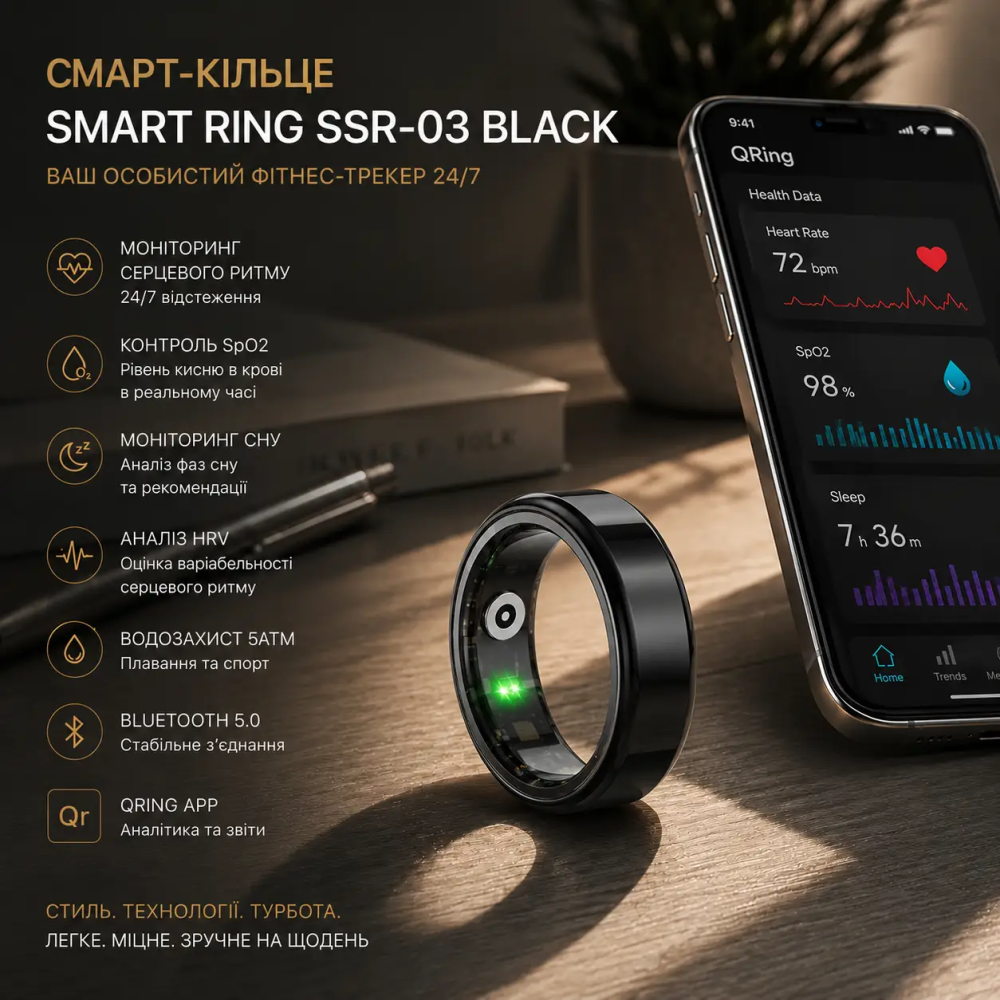 Розумне кільце Smart Ring SUNOL Black (Size 9): моніторинг здоров'я, сну, тиску та кисню, IP68, iOS/Android + Зарядний кейс Київ - фото 11