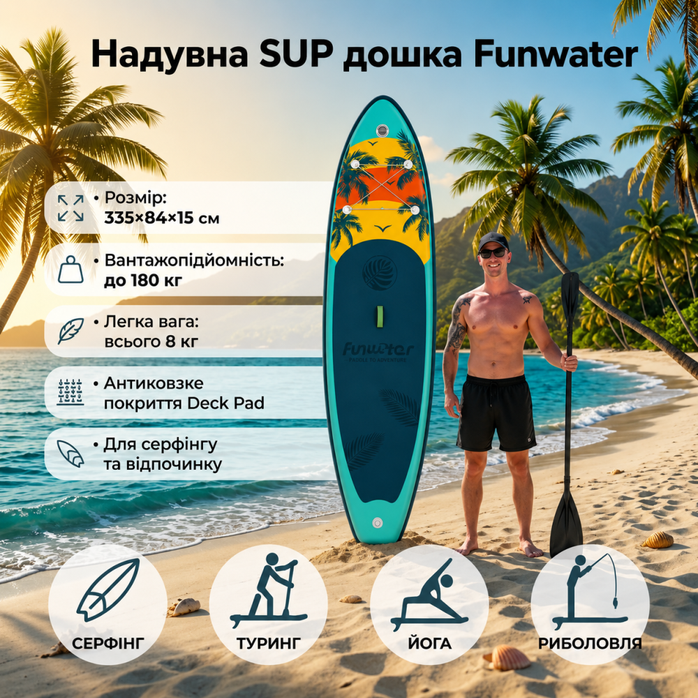 Надувна SUP дошка 335×84×15 см — до 180 кг, легка 8 кг, антиковзка, для серфінгу та відпочинку Київ - фото 8