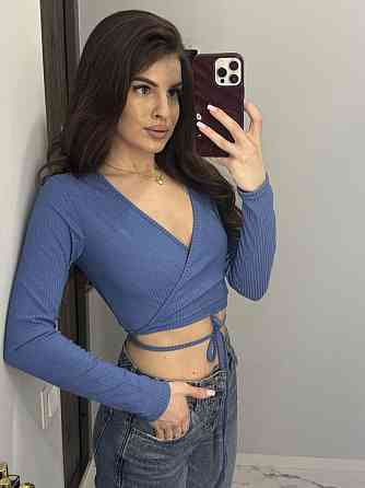 Женская базовая кофта на запах с завязками на талии турецкий рубчик Голубой, 46 Одесса