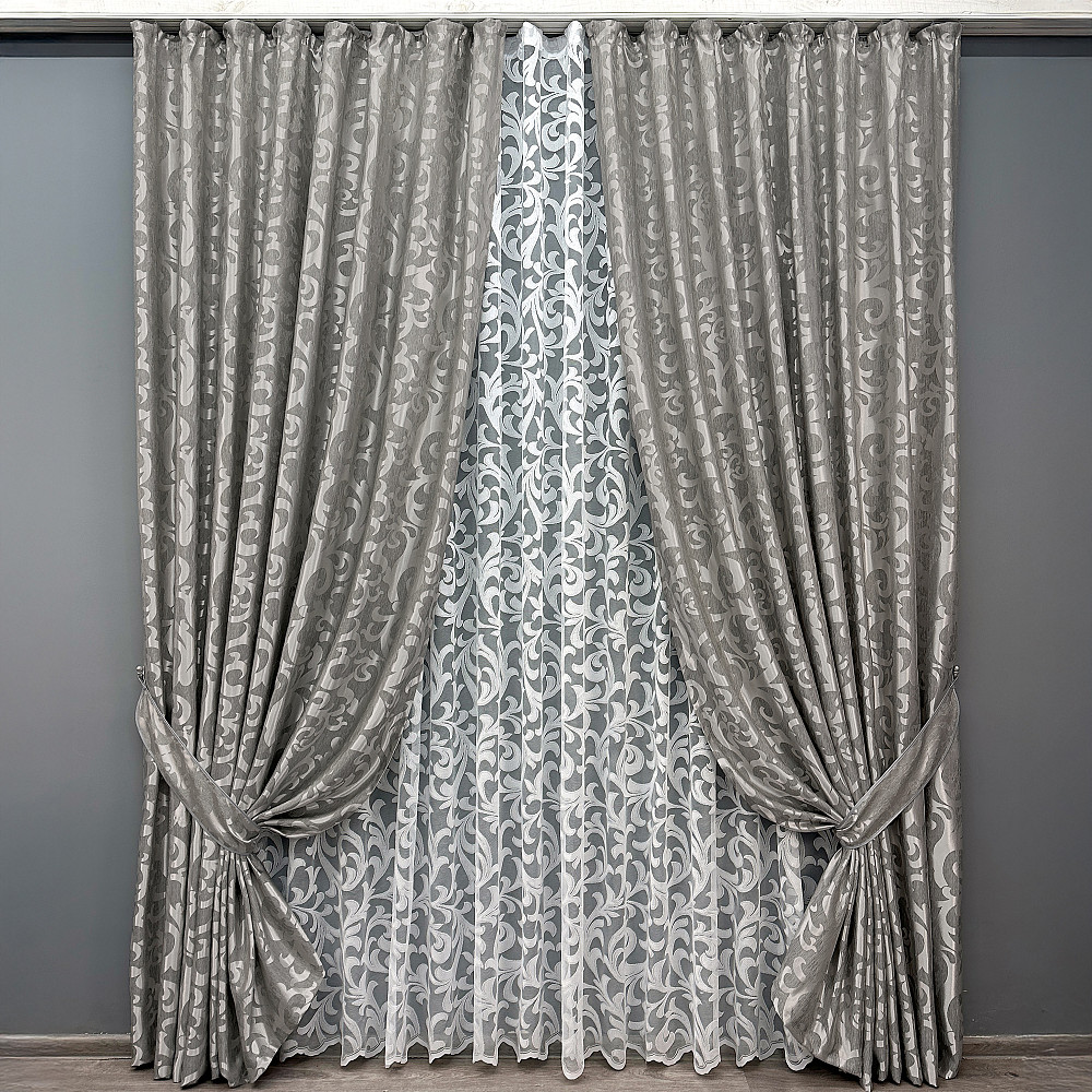 Комплект штор VR-Textil Жакард Вензель 150х270 2шт і Тюль 600х270 293ш-1147т Сірий з білим 71-098/5 Київ - фото 1