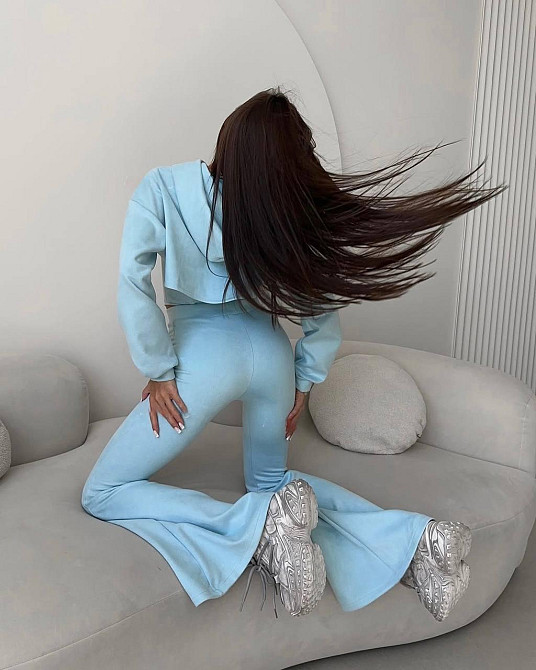 Женский стильный костюм тройка: кофта, корсет и лосины замш на дайвинге Голубой, 46/48 Одесса - изображение 4