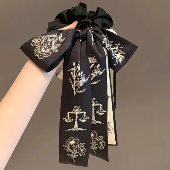 Французька гумка для волосся з чорною атласною стрічкою і квітковим візерунком Киев