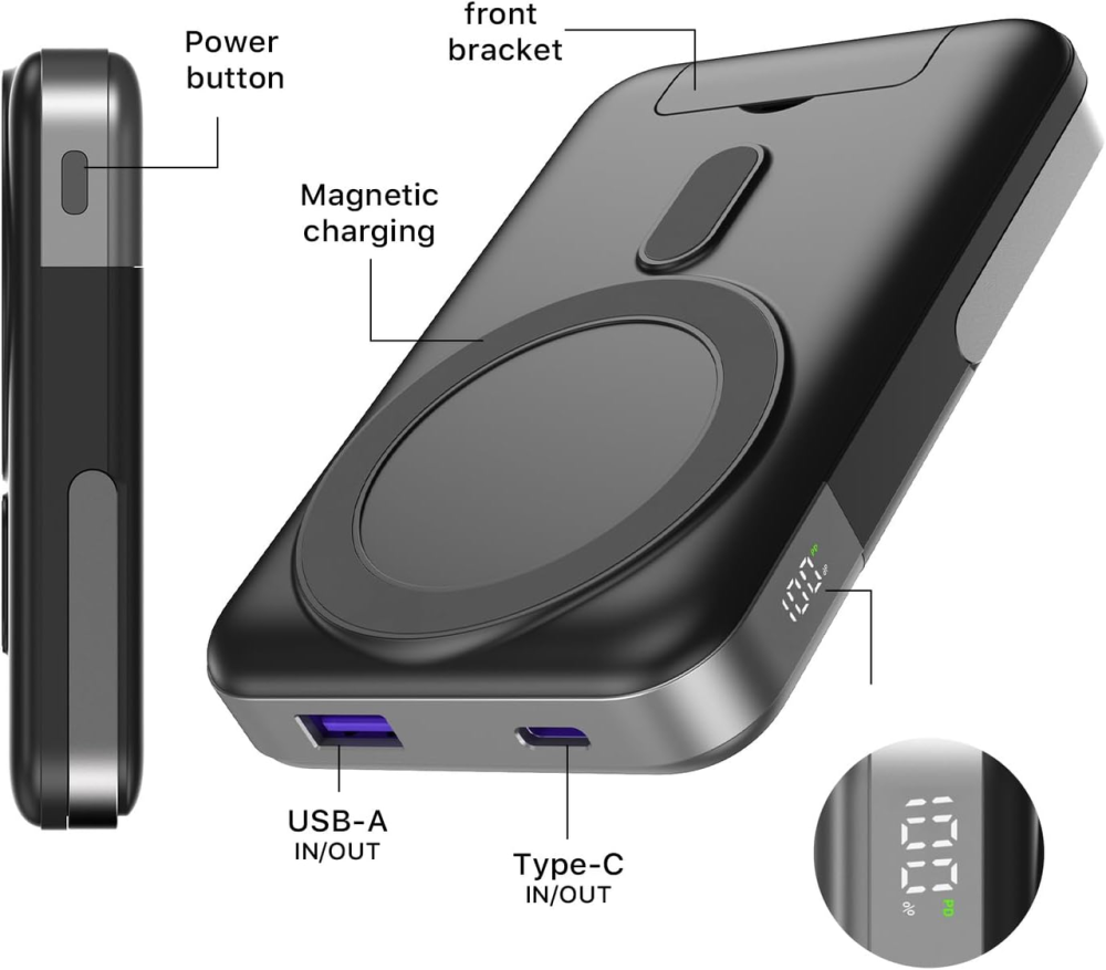 Power Bank 10000 mAh MagSafe 22.5W, портативний зарядний пристрій з бездротовою зарядкою 15W, USB-C PD, LED-дисплей, магнітний Київ - фото 15